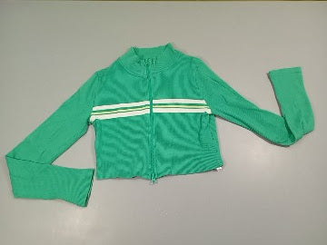 Gilet côtelé  court zippé  vert 2 rayures blanches, 1 jaune