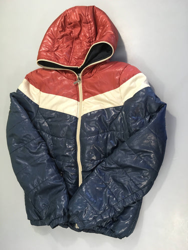 Doudoune light bleu foncé rayé écru/rouge à capuche, moins cher chez Petit Kiwi