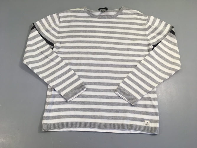 Pull gris chiné rayé blanc, moins cher chez Petit Kiwi