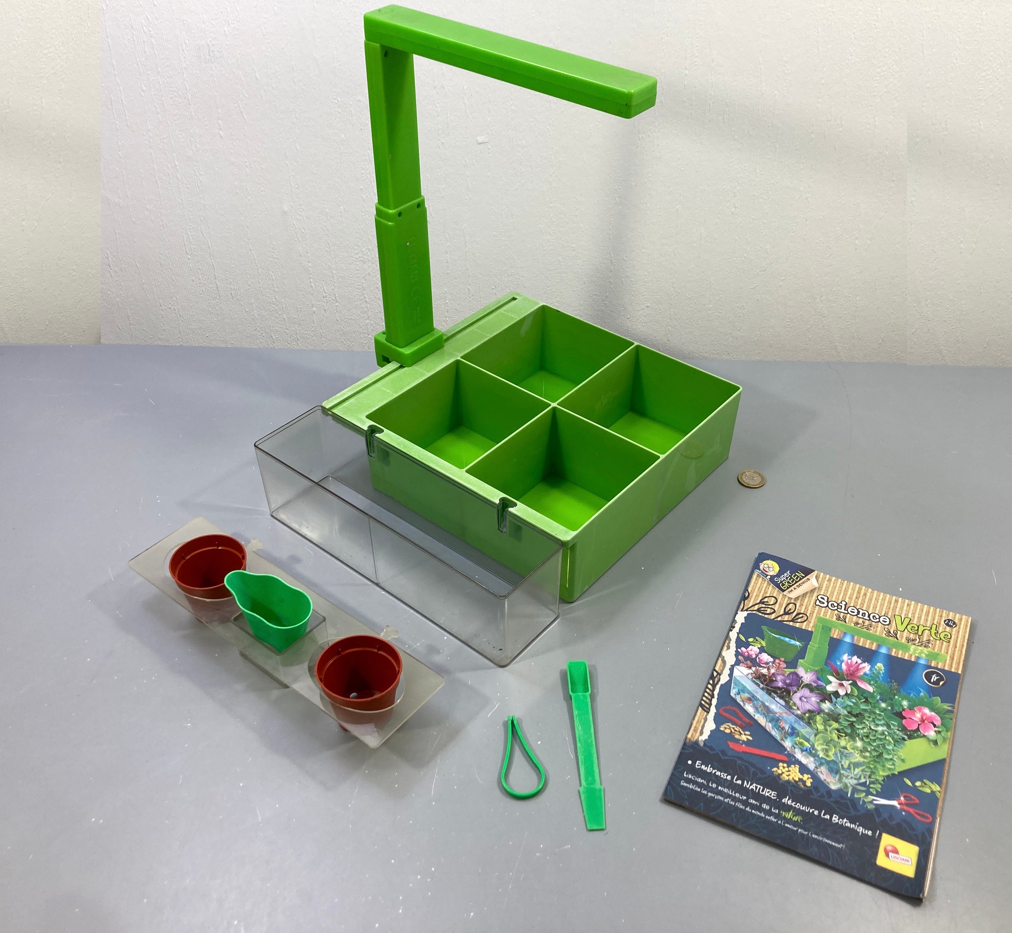 Kit Science Verte serre botanique vert, bac transparent, pots, outils, notice, Lisciani
