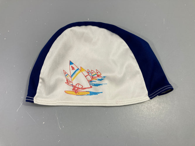 Bonnet de bain tissu bleu/blanc bateaux, moins cher chez Petit Kiwi