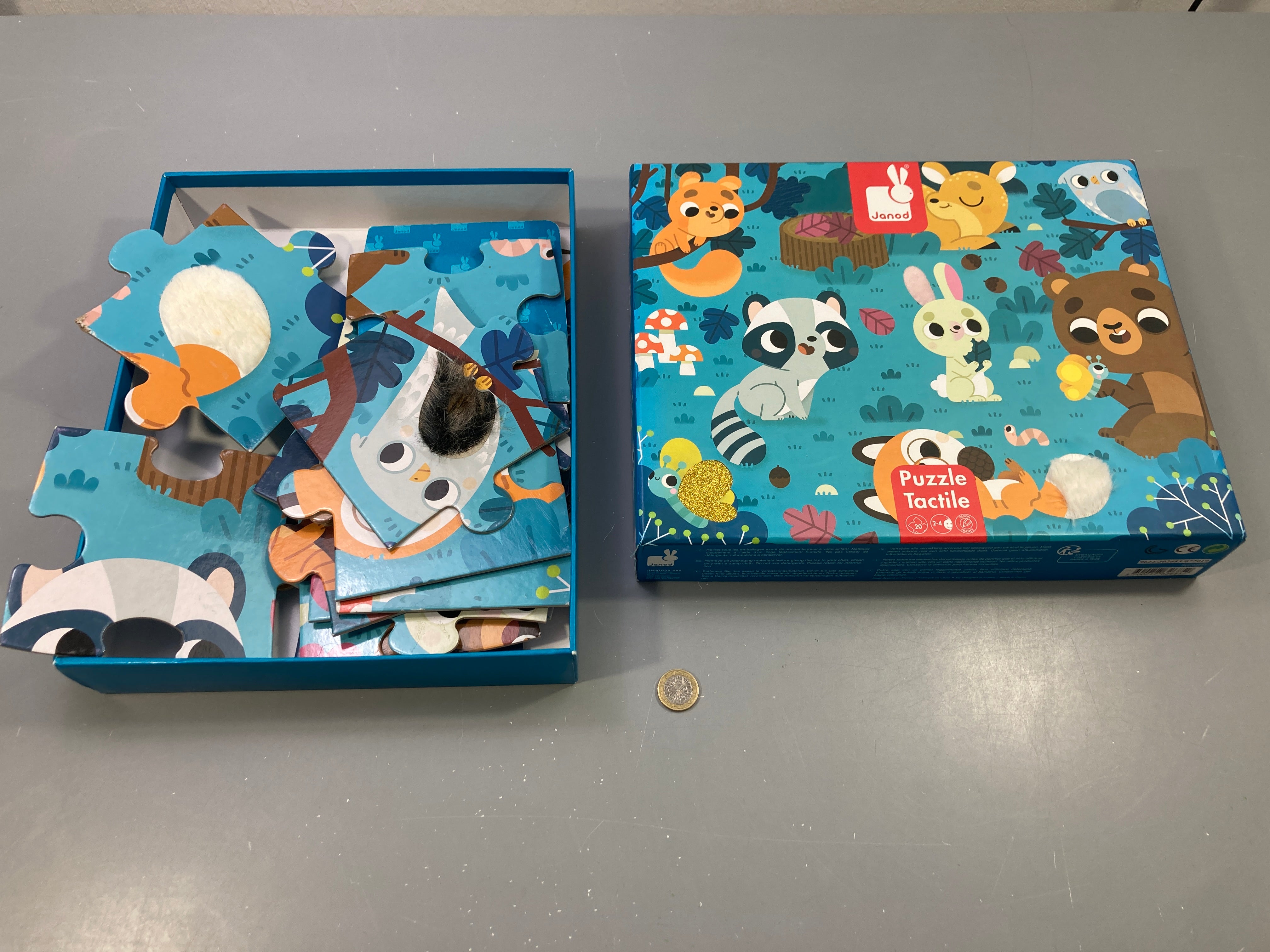 Puzzle tactile forêt 20 pcs, animaux, boîte bleue !Certaines piècesusées et ou tachées manque le plan