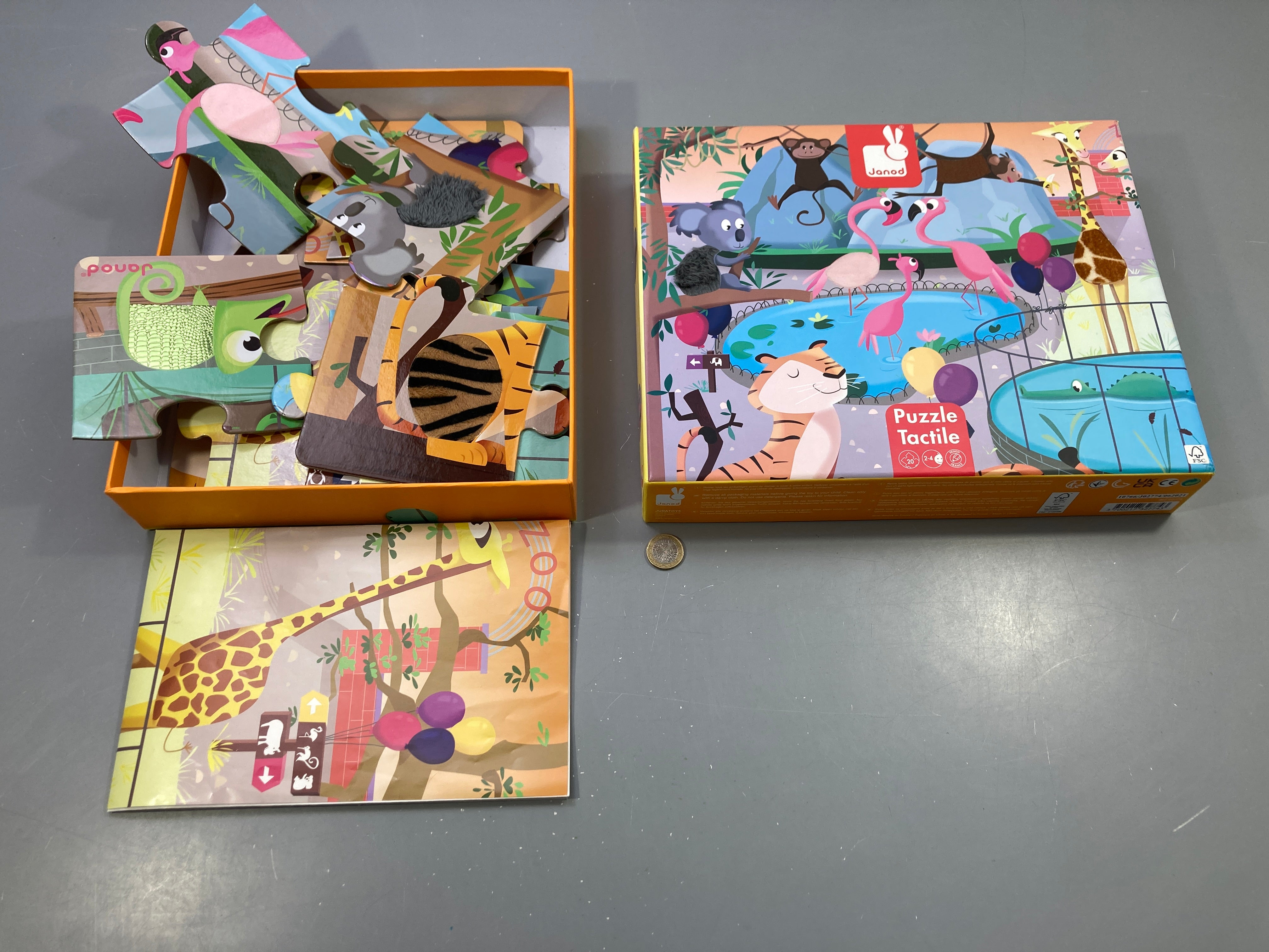 Puzzle tactile zoo 20 pcs, animaux, poster, boîte orange