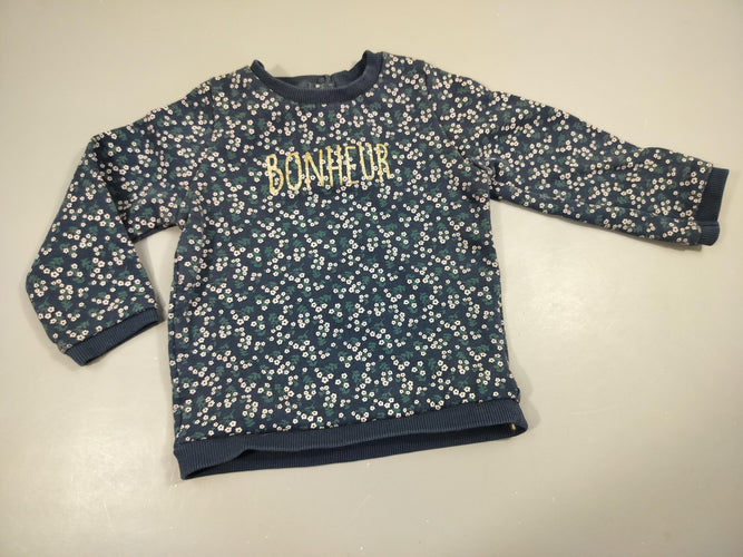 Sweat bleu marine à fleurs "bonheur", intérieur doux et chaud 80% coton 20% polyester, moins cher chez Petit Kiwi