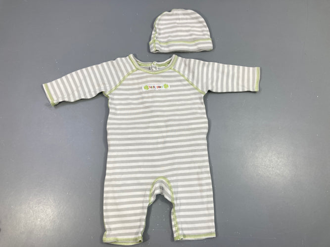 Combinaison jersey blanc rayé gris bouloché + bonnet, moins cher chez Petit Kiwi