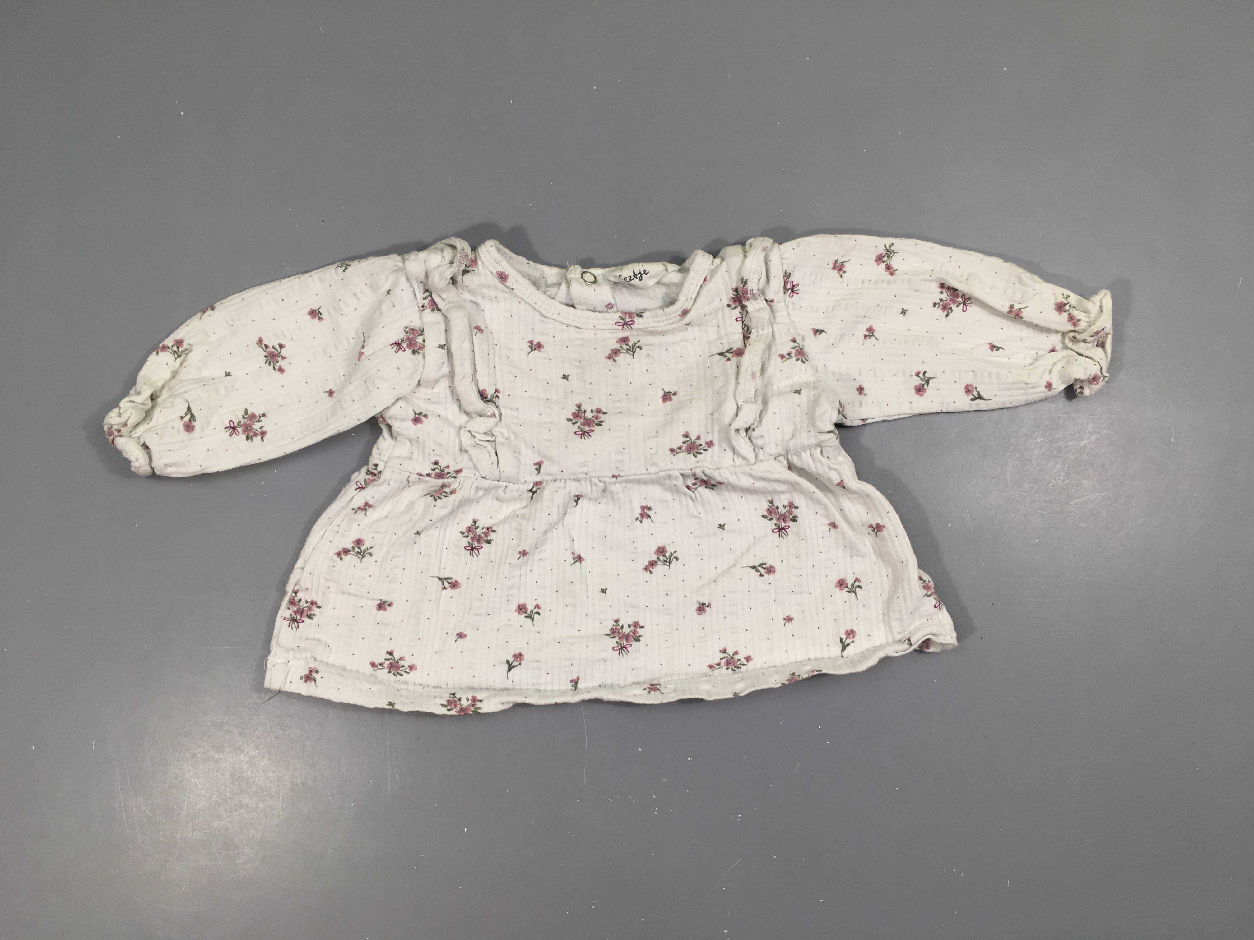 T-shirt m.l blanc texturé ligné fleuri lilas froufrou