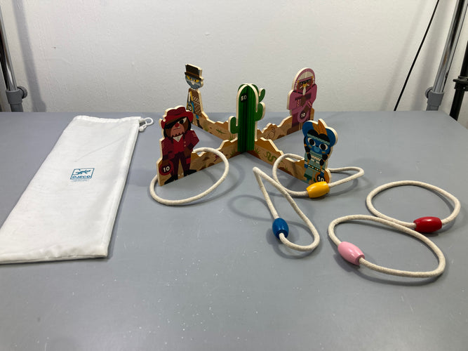 Jeu de lancer d'anneaux en bois Far West, cactus et 4 personnages, 5 anneaux en corde, sac de rangement, moins cher chez Petit Kiwi