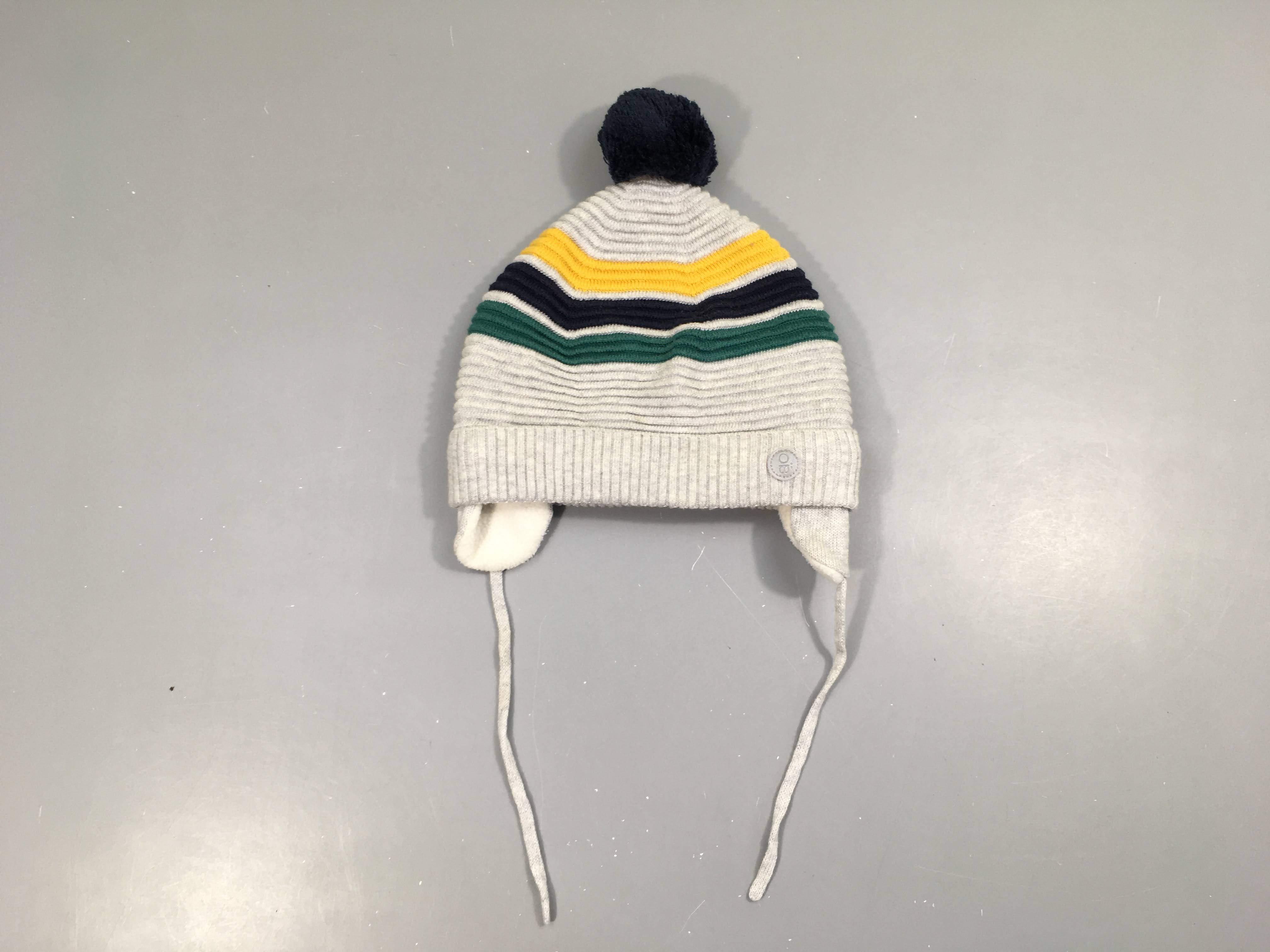 Bonnet gris rayé texturé bleu-vert jaune pompon doublé polar 44cm