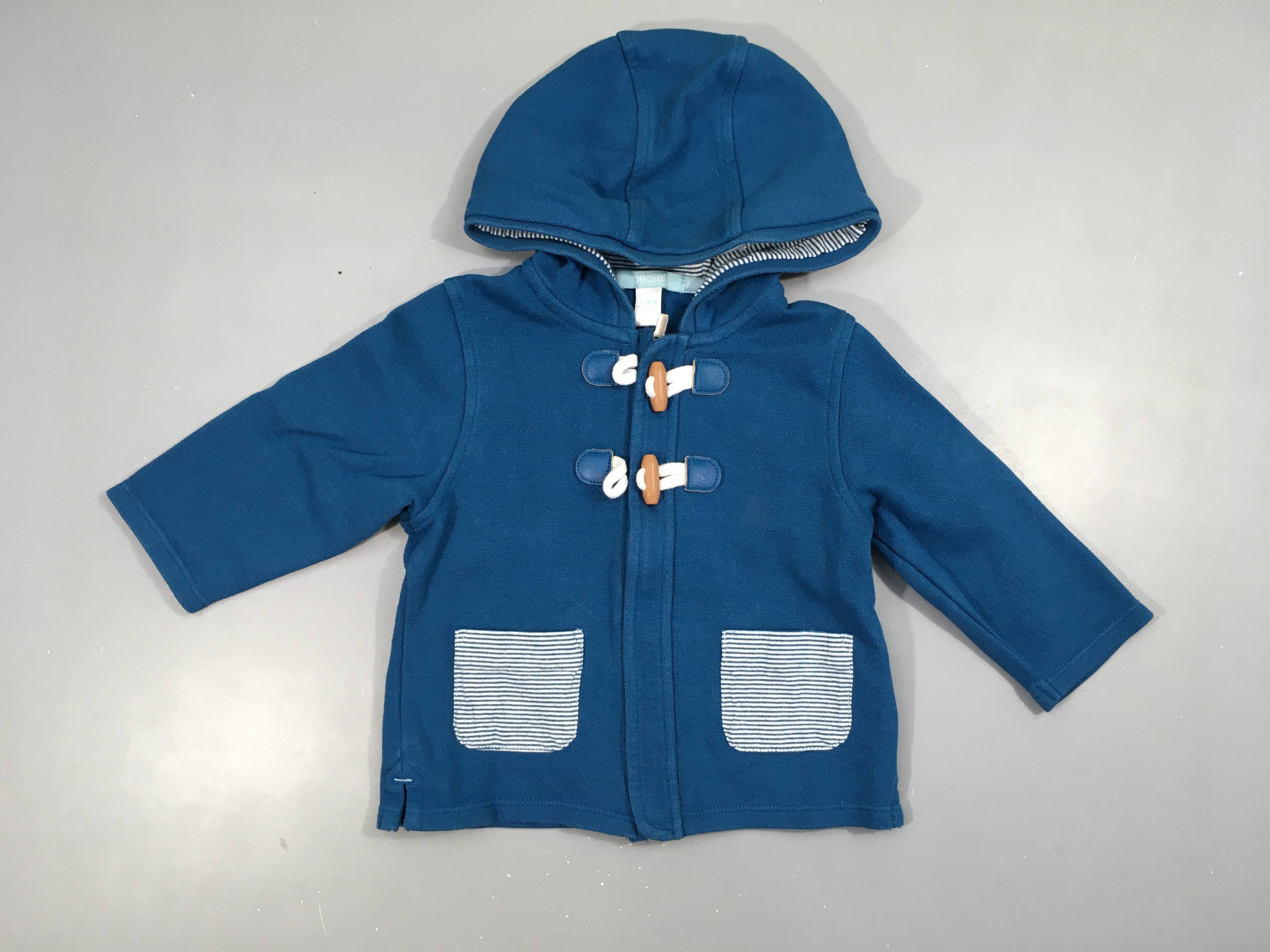 Sweat texturé zippé à capuche bleu attaches Brandebourgs