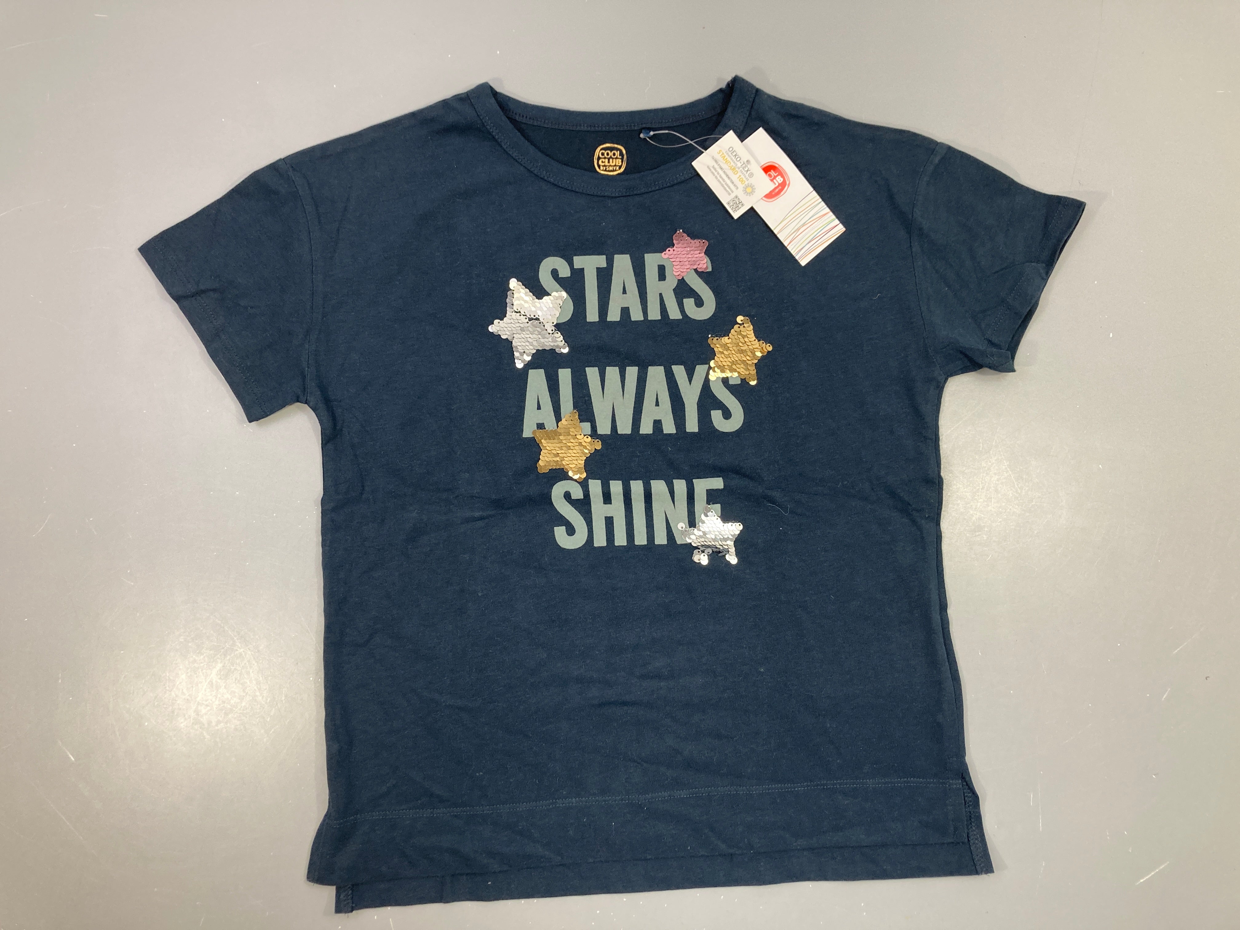 NEUF T-shirt m.c bleu marine étoiles sequins réversibles, 9,99€ neuf