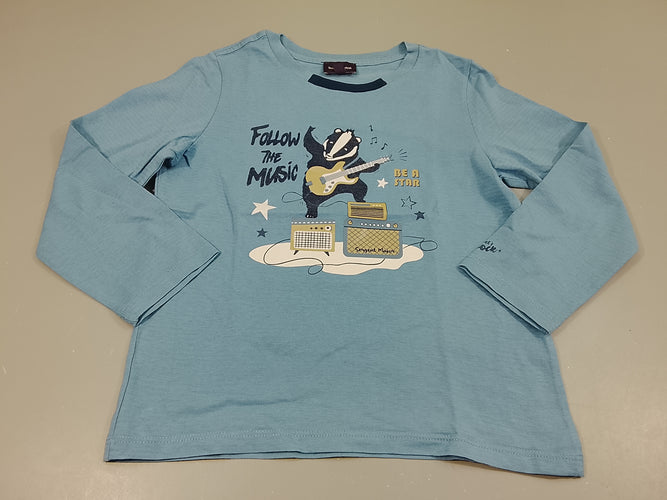 T-shirt m.l bleu , blaireau  musicien "Follow the music", moins cher chez Petit Kiwi