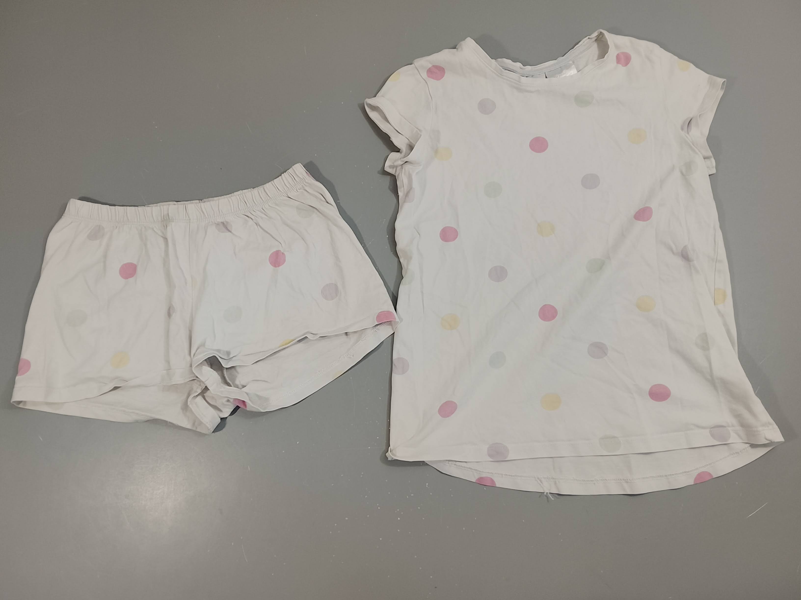 Pyjama 2pcs jersey blanc à pois rose, jaune, mauve pastel