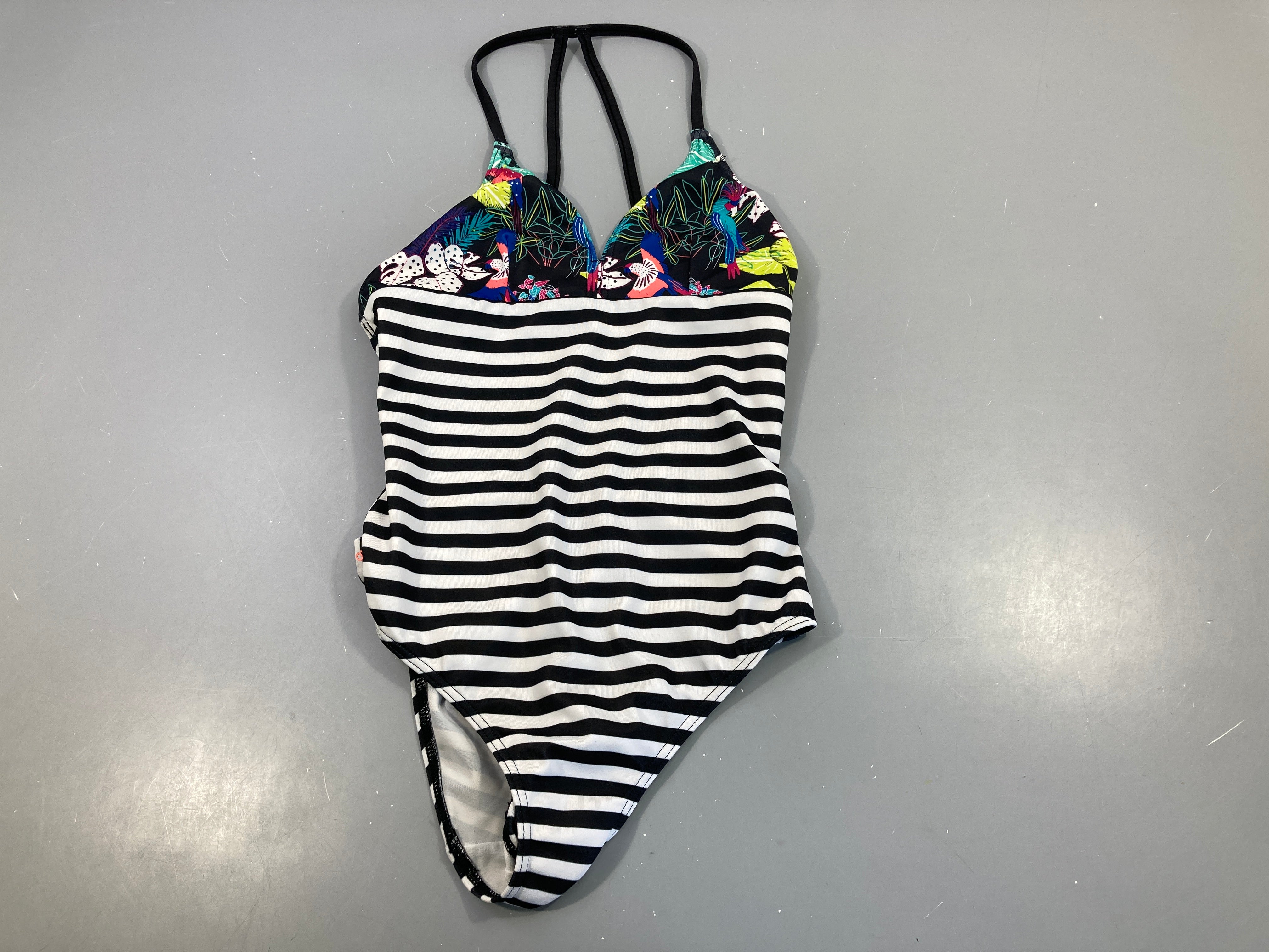 Maillot rayé blanc/noir fleurs, Olaian