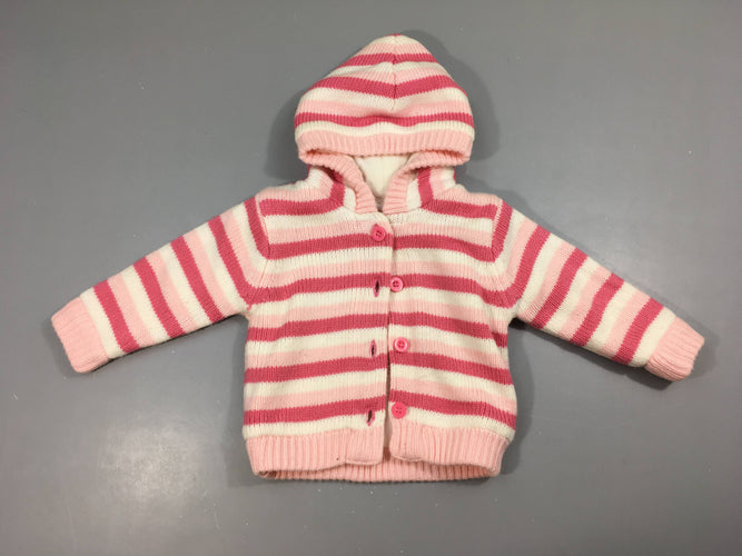 Gilet épais doublé ppolar rayé rose/blanc à capuche, moins cher chez Petit Kiwi