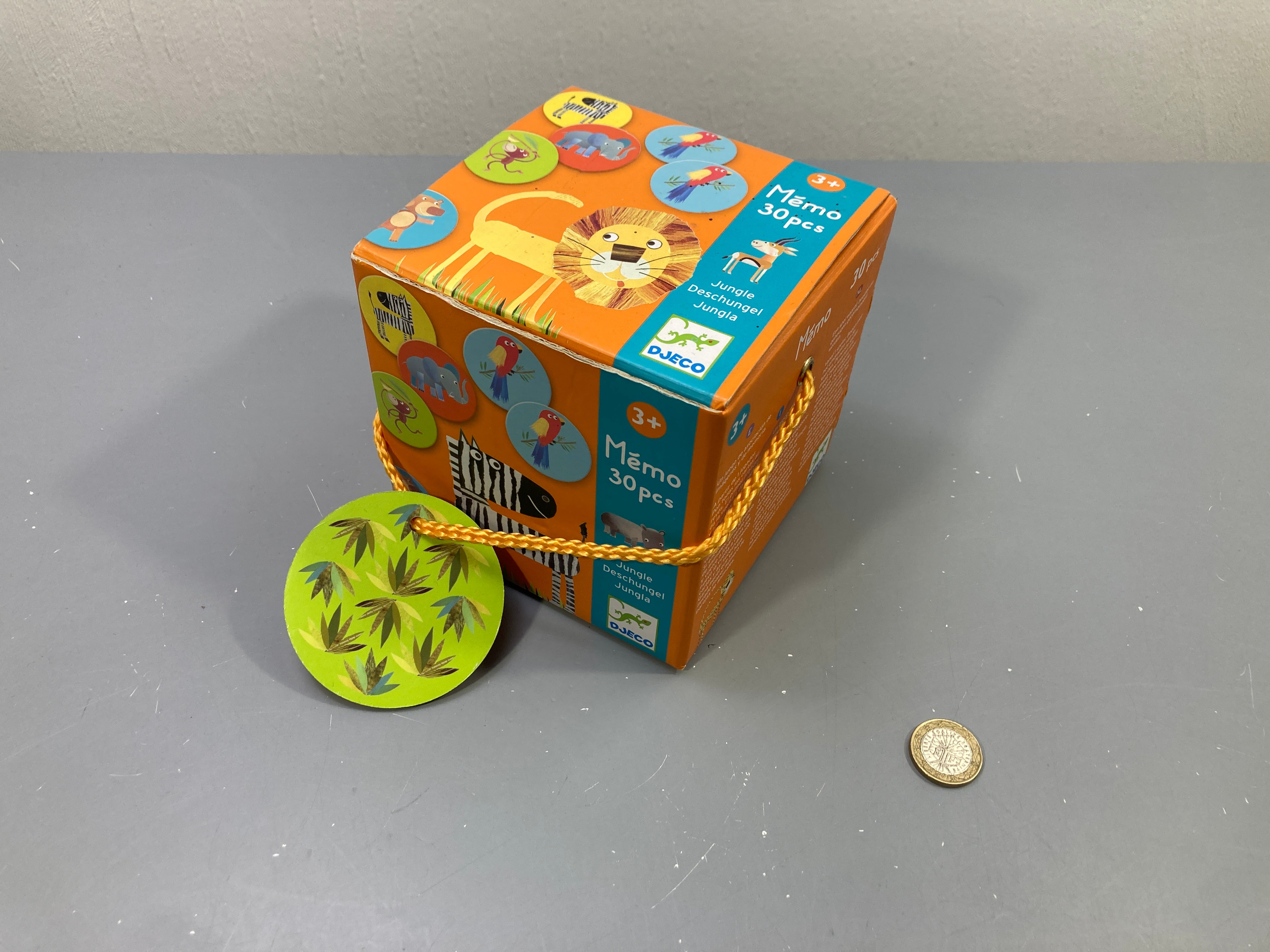 Jeu Mémo Jungle, 30 pcs, boîte cube orange à cordon, 3+