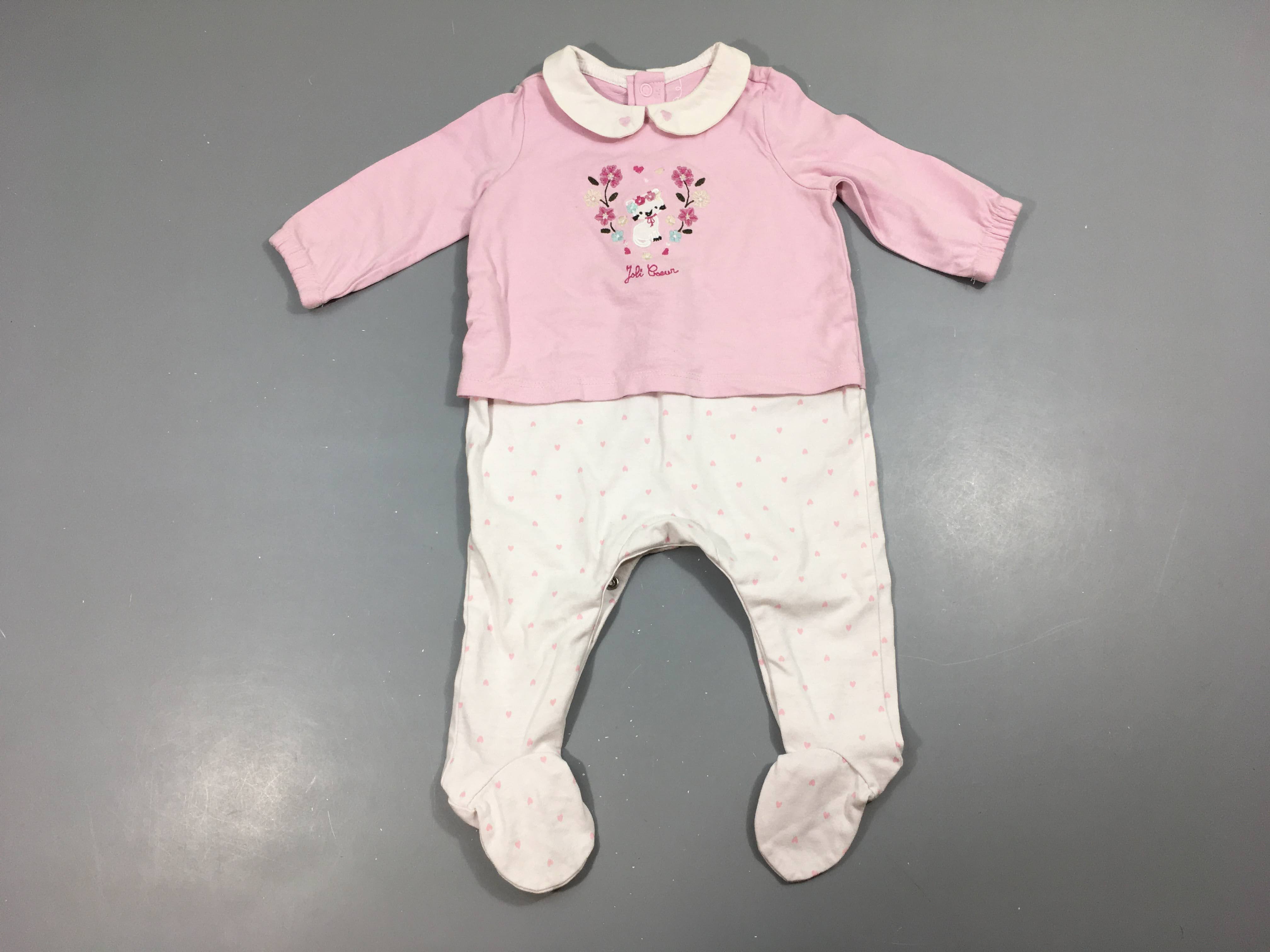 Pyjama jersey rose chat fleurs brodées col