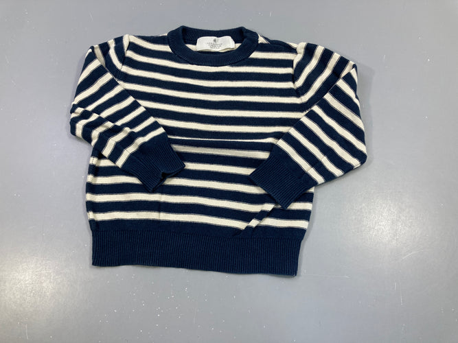 Pull bleu marine rayé blanc, moins cher chez Petit Kiwi