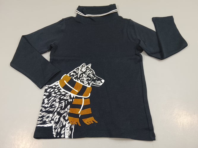 T-shirt m.l à col roulé bleu marine , loup avec écharpe, moins cher chez Petit Kiwi