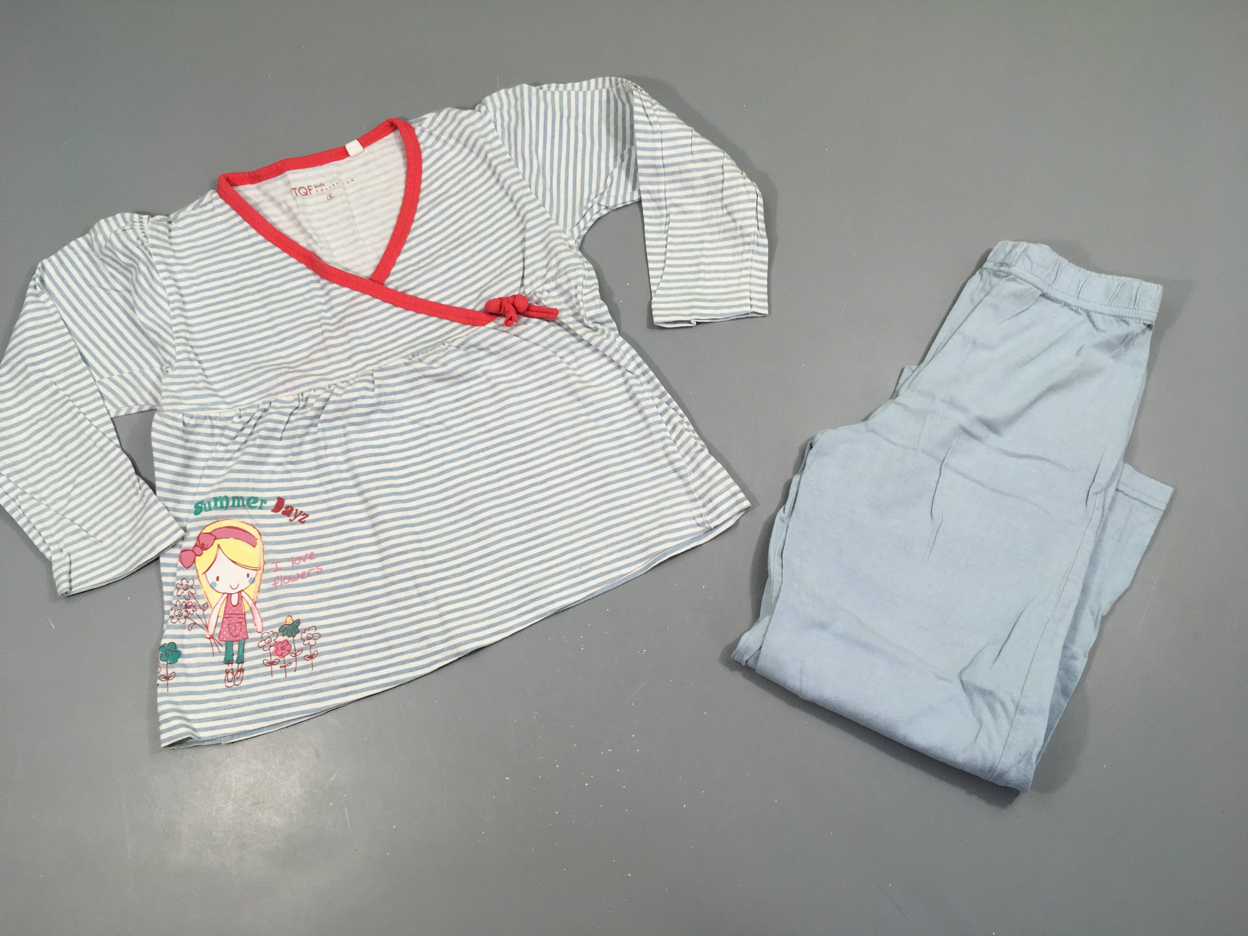 Pyjama 2pcs jersey blanc rayé bleu bord rose fille