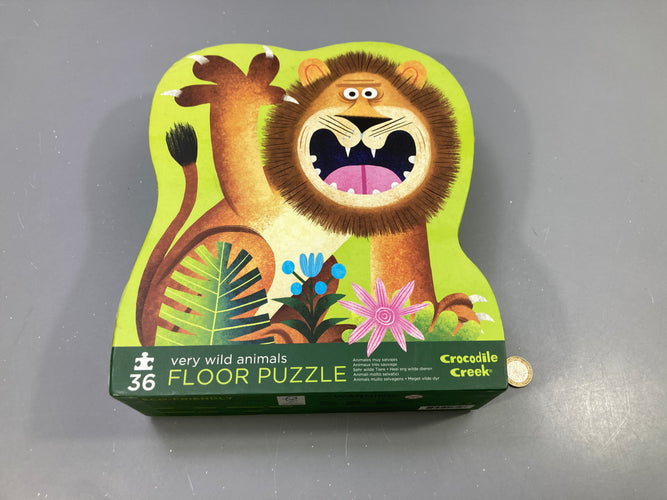 Puzzle de sol 36 pcs animaux sauvages lion, boîte forme, vert, Crocodile Creek, moins cher chez Petit Kiwi