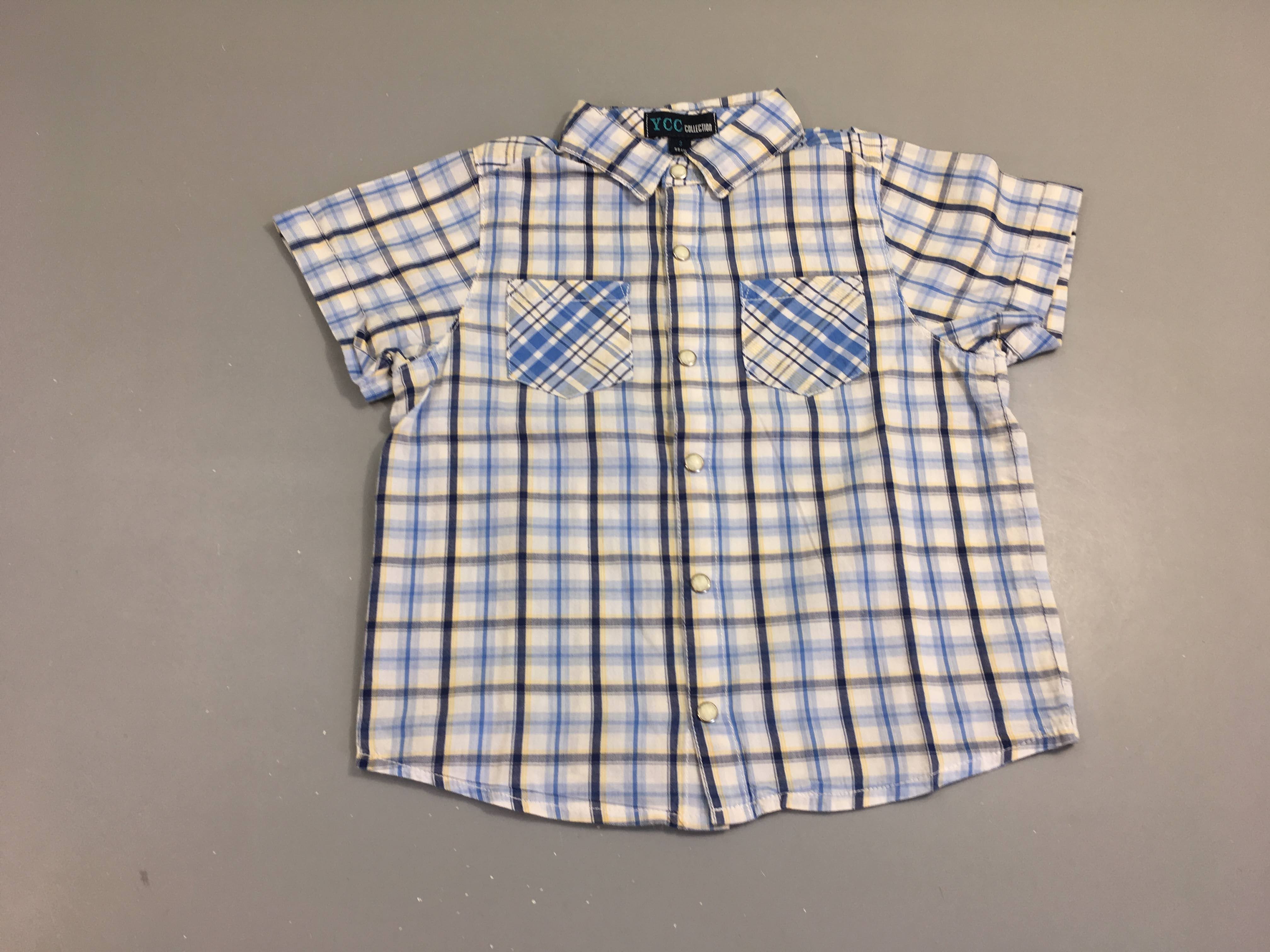 Chemise m.c blanche carreaux bleu/jaune