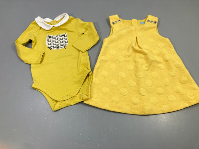 Ensemble robe  s.m jaune texturé ronds, légèrement boulochée + Body m.l jaune col blanc, tête de chat, moins cher chez Petit Kiwi