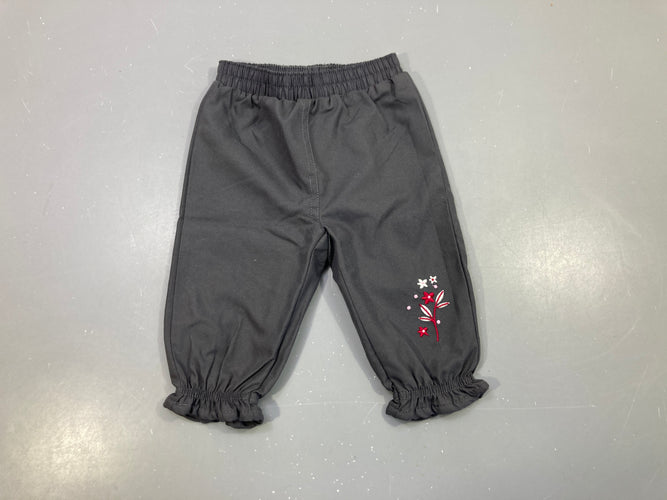 Pantalon gris taille et chevilles élastiques, broderies fleurs, moins cher chez Petit Kiwi