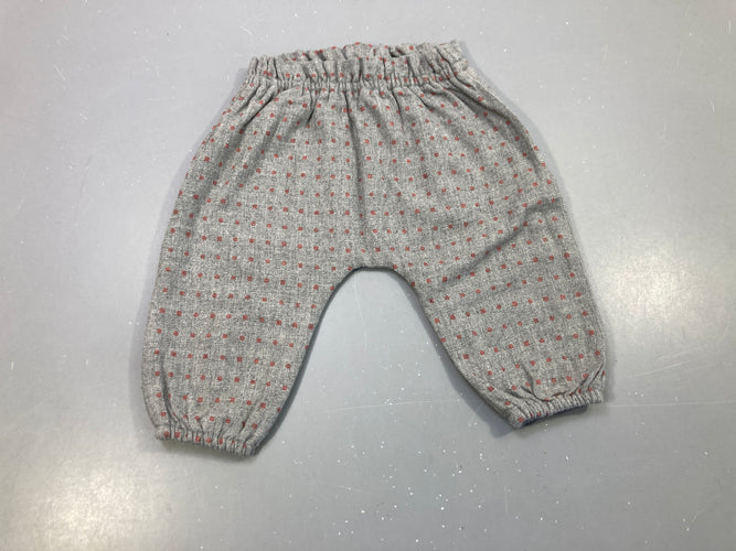 Pantalon molleton taille et chevilles élastiques  gris chiné motifs roses,légèrement bouloché, moins cher chez Petit Kiwi