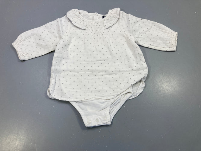 Blouse ml  blanche à pois argentés, petit col, body intégré, moins cher chez Petit Kiwi