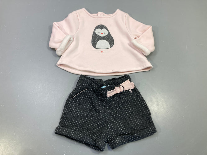Ensemble sweat rose clair, pingouin légèrement bouloché + short à revers gris  à motifs blancs , attache rose, moins cher chez Petit Kiwi