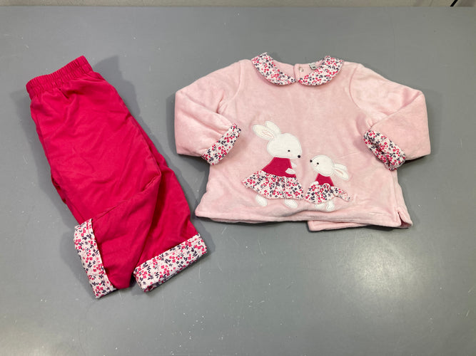 Ensemble dessus en velours roses clair col blanc fleuri, maman et sa petite lapine + pantalon molleton roses fuchsia, moins cher chez Petit Kiwi