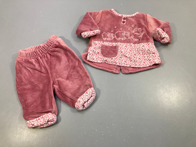 Ensemble dessus en  velours vieux rose, dessous fleuri  bergère et moutons + pantalon assorti, moins cher chez Petit Kiwi