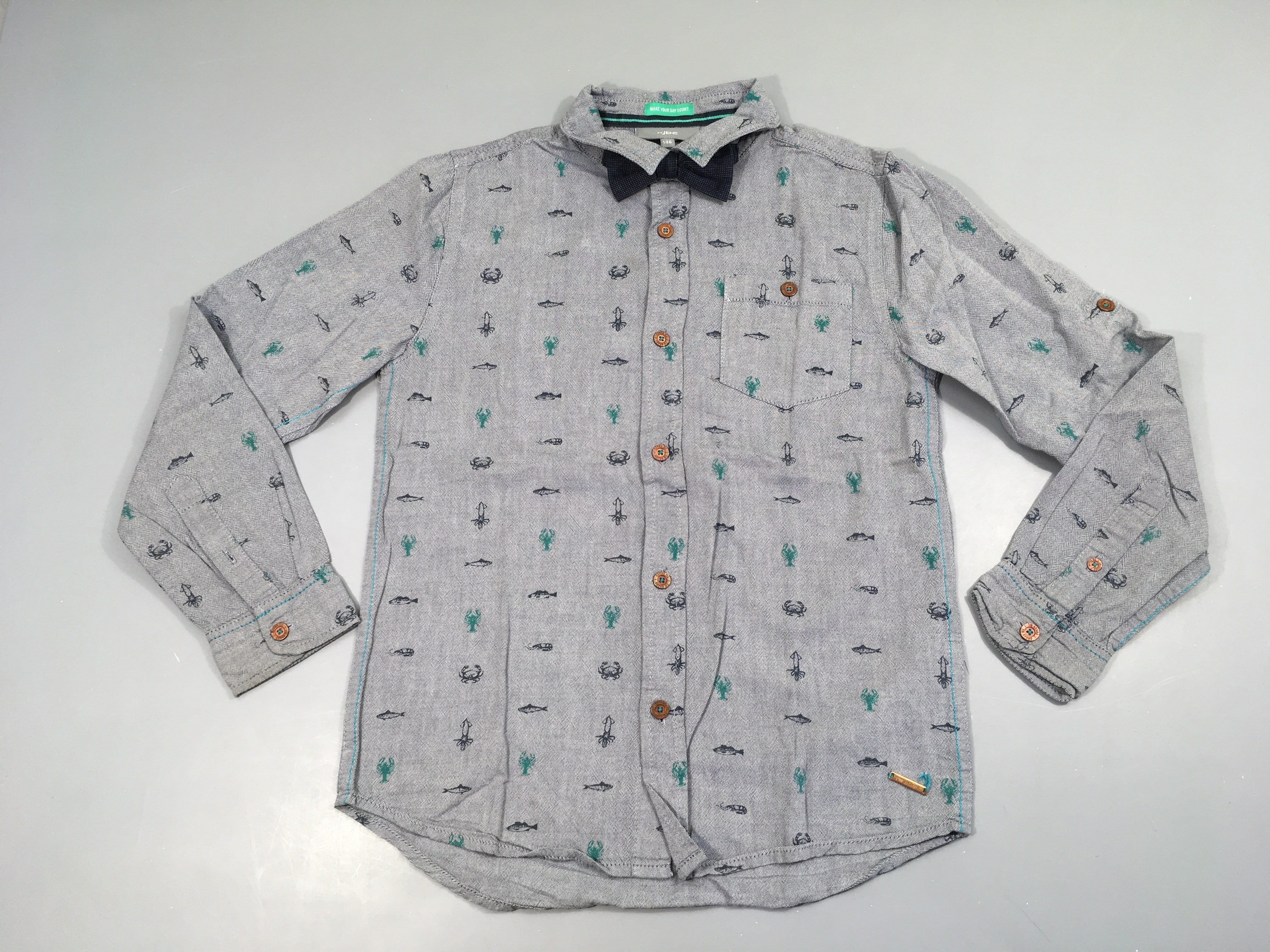 Chemise m.l bleu animaux, noeud papillon amovible