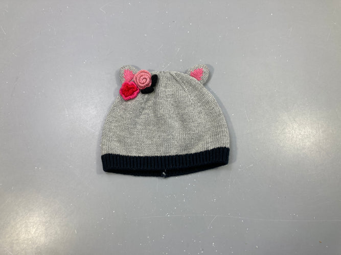 Bonnet gris chiné, oreilles de chat , petites fleurs roses 6-9m (44cm), moins cher chez Petit Kiwi