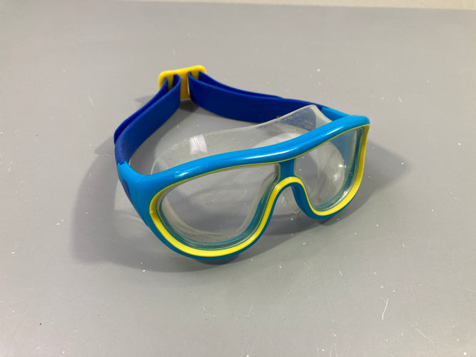 Masque plongée bleu-jaune (un peu griffés), moins cher chez Petit Kiwi