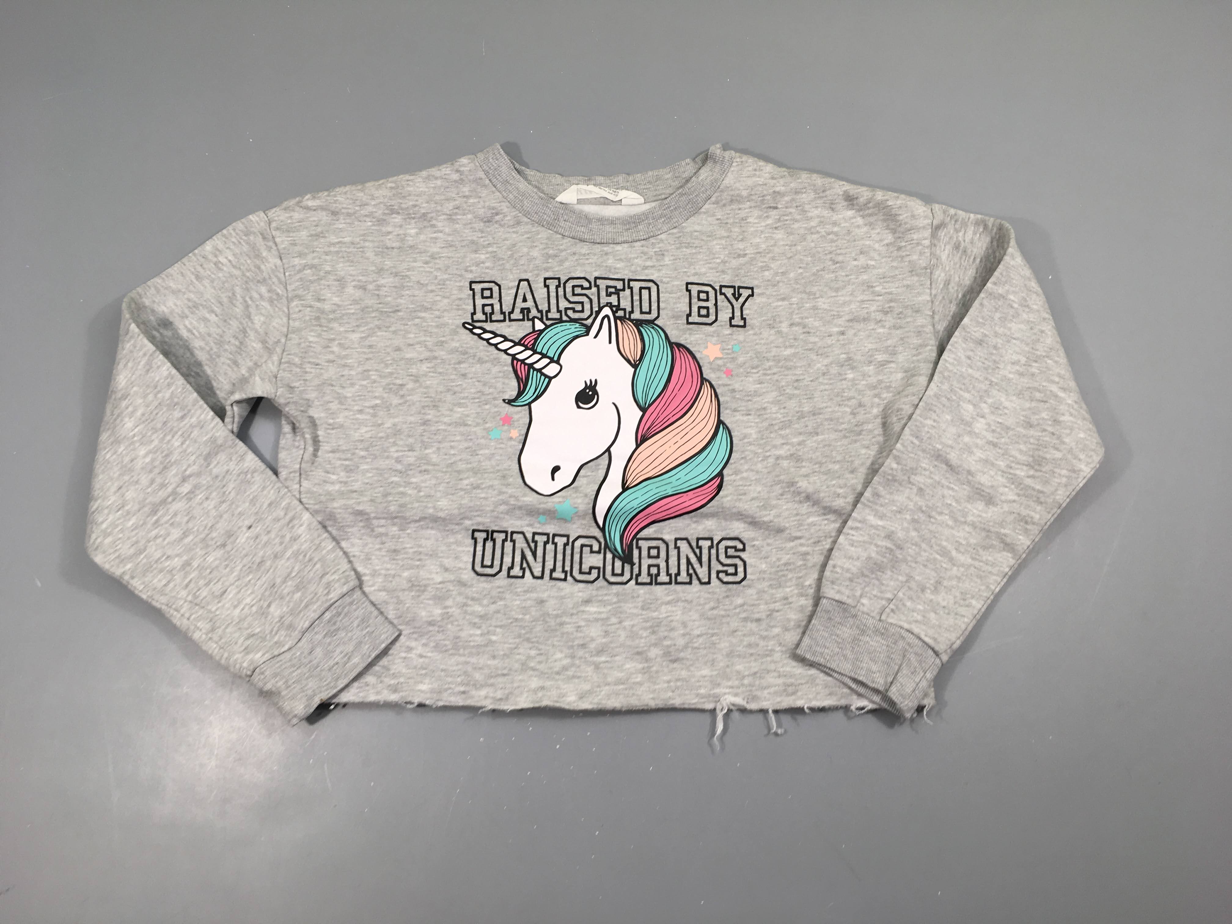 Sweat over size gris chiné licorne effet effiloché bas