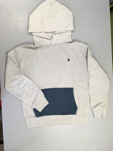Sweat à capuche gris chiné poch avant bleue, moins cher chez Petit Kiwi