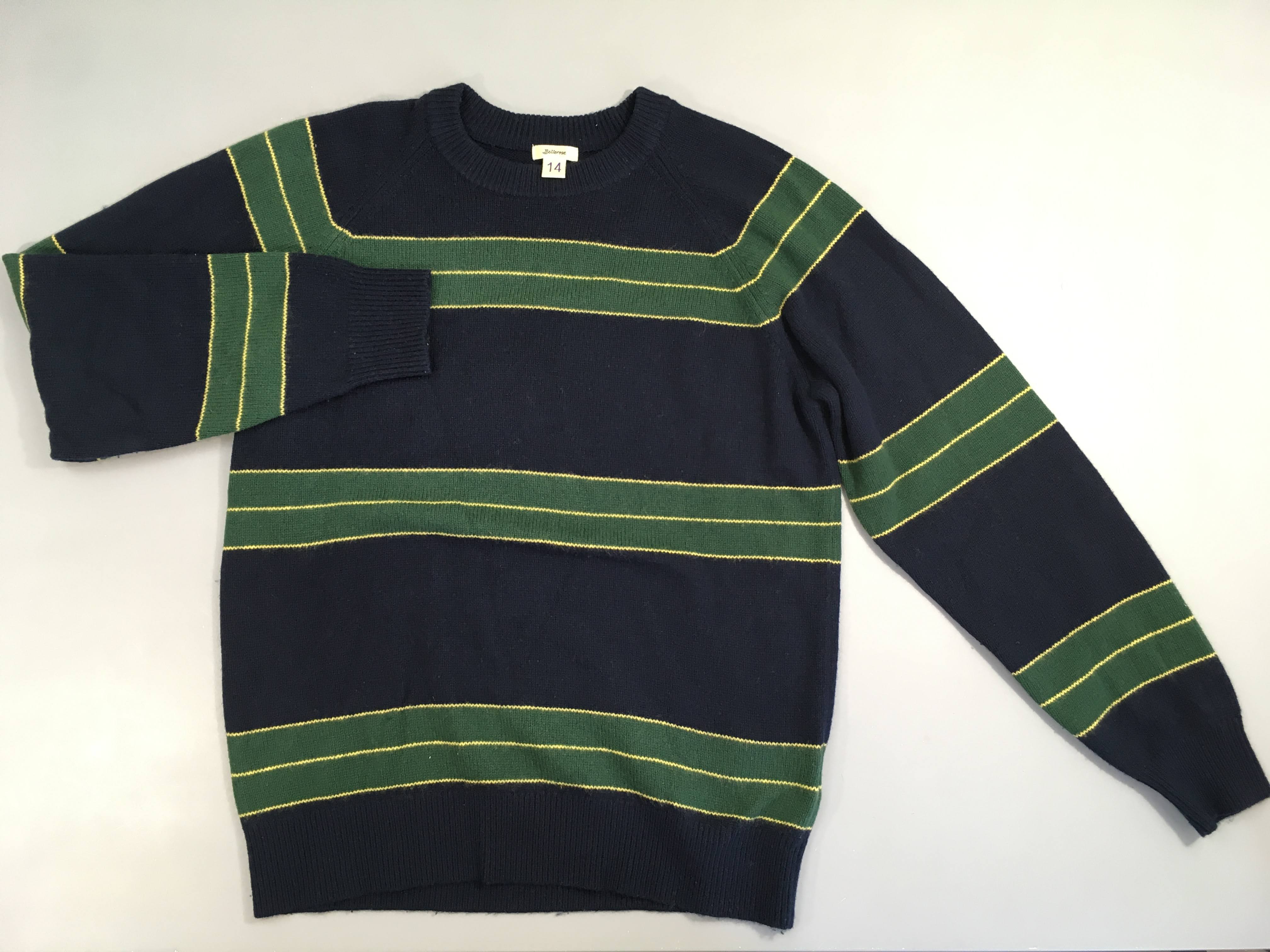 Pull bleu foncé rayé vert 55% laine merinos