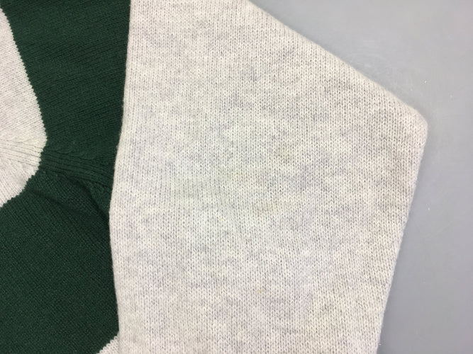 Pull gris chiné rayé vert, 55% laine merinos, taches à l'arrière des manches, moins cher chez Petit Kiwi
