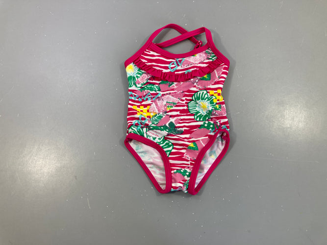 Maillot blanc rayé rose volant et bords roses, moins cher chez Petit Kiwi