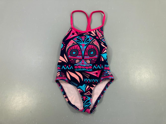 Maillot bleu foncé motifs roses-corail Nabaiji, moins cher chez Petit Kiwi