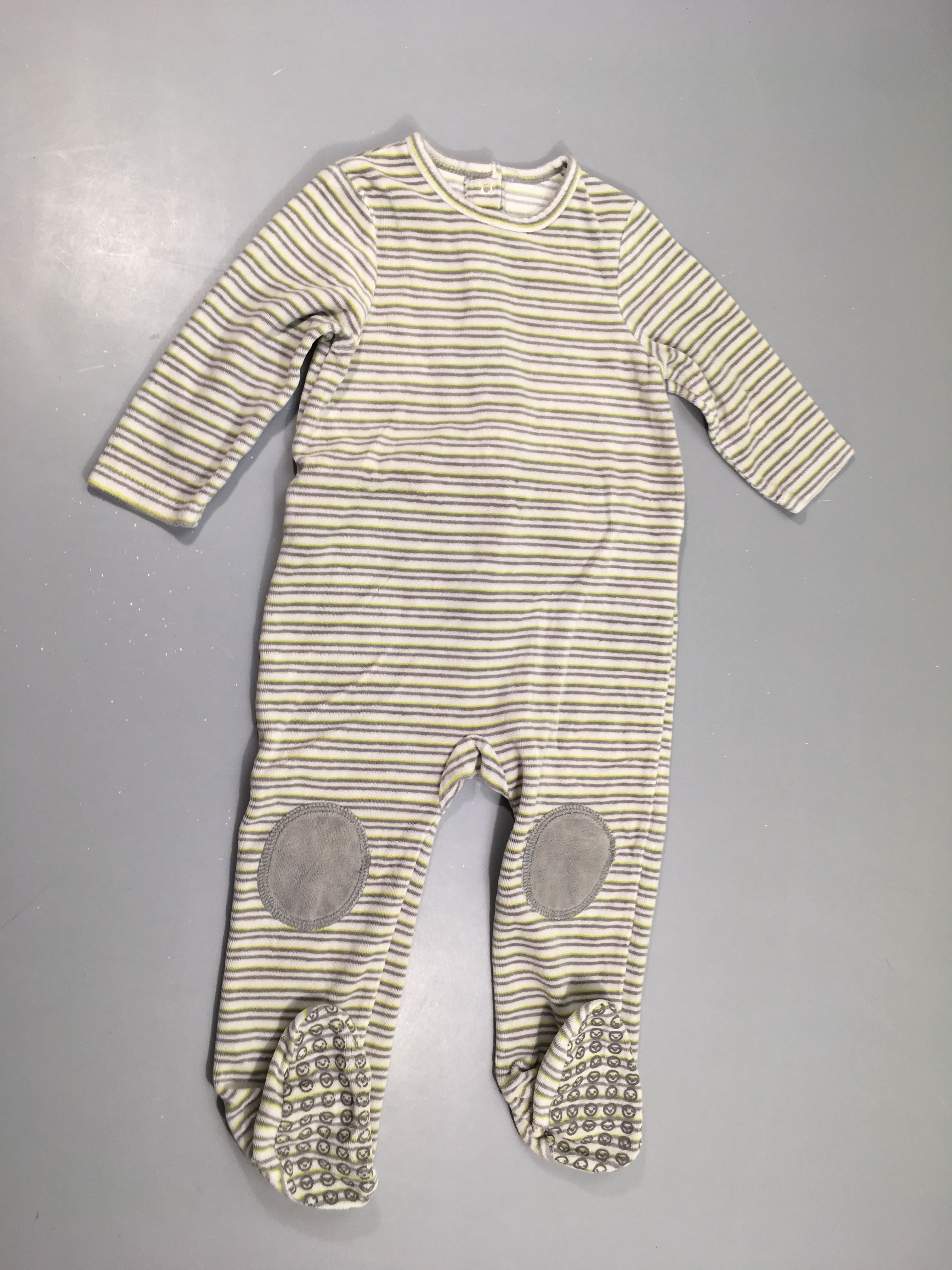 Pyjama velours blanc rayé gris/anis, pieds anti-dérapants