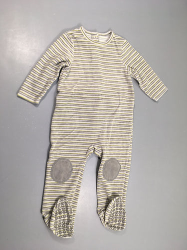 Pyjama velours blanc rayé gris/anis, pieds anti-dérapants, moins cher chez Petit Kiwi