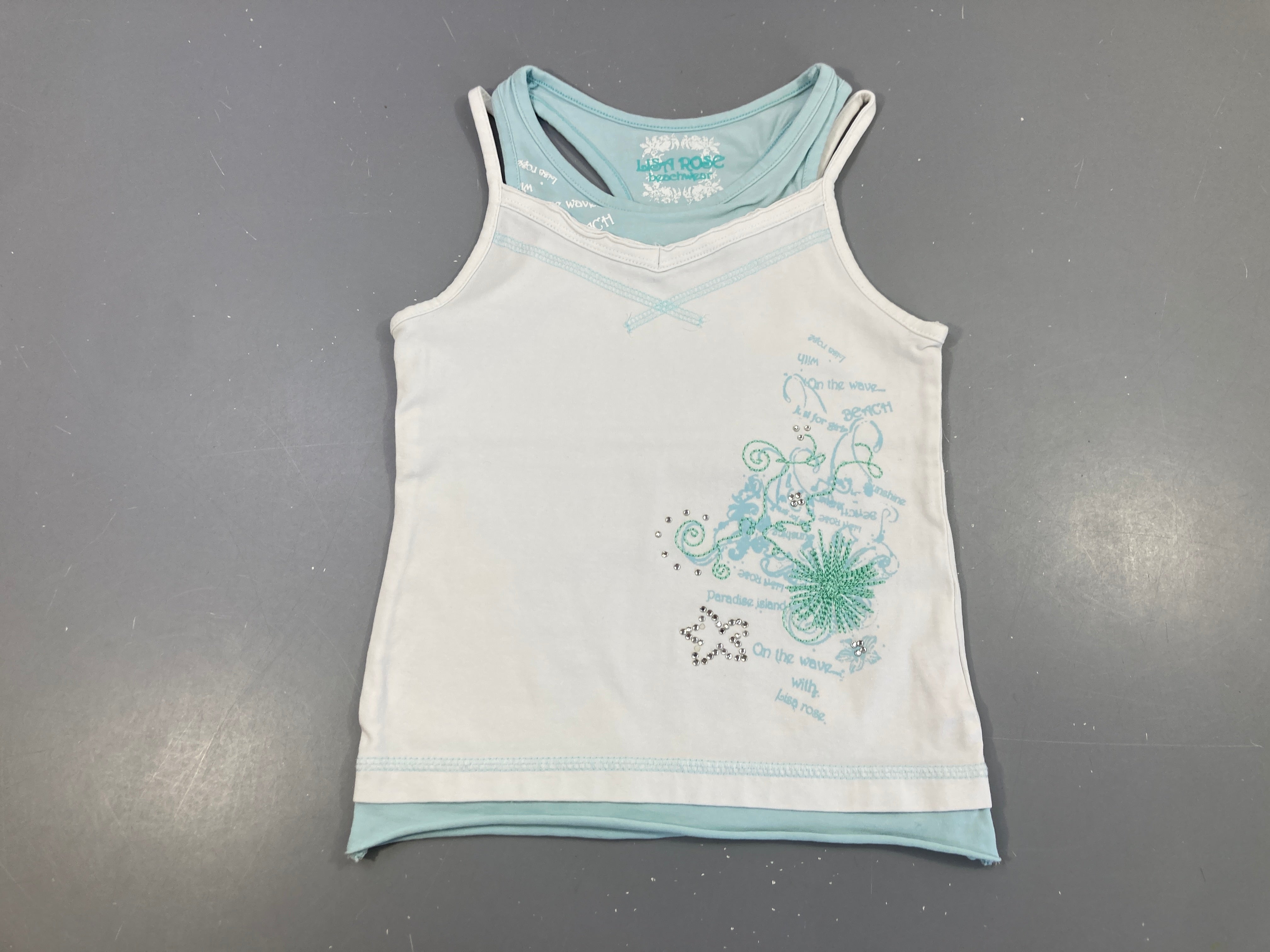 T-shirt s.m blanc/bleu effet superposé broderies strass