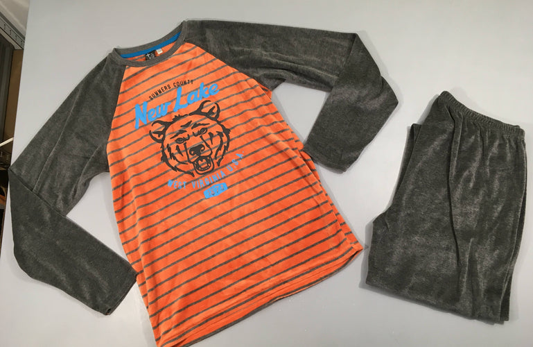 Pyjama 2pcs velours orange rayé gris chiné ours, moins cher chez Petit Kiwi