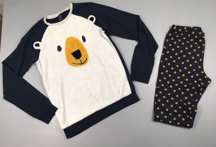 Pyjama 2 pcs haut velours blanc/bleu marine ours blanc, bas jersey, moins cher chez Petit Kiwi