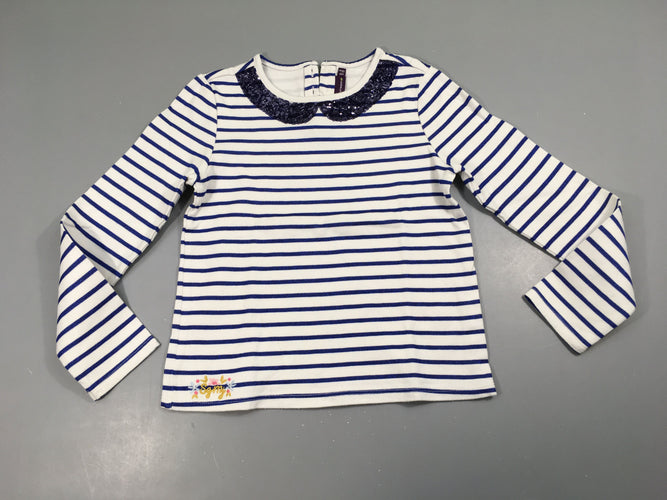 T-shirt m.l blanc rayé bleu irisé col sequins, légèrement bouloché, moins cher chez Petit Kiwi