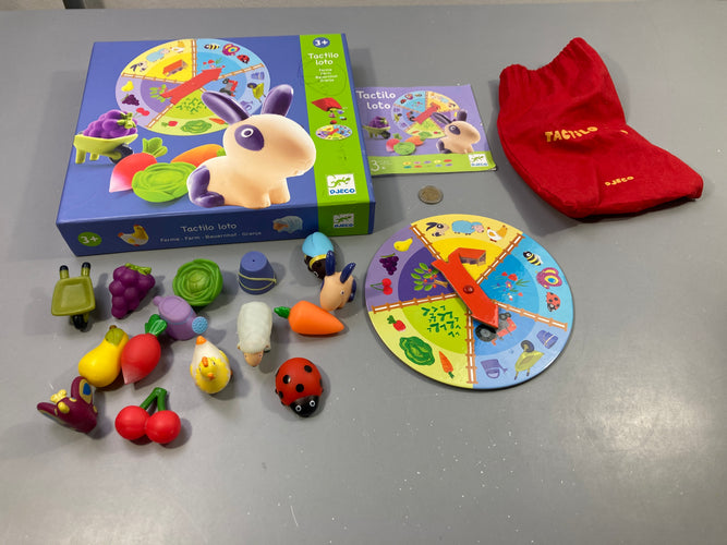 Complet  Loto tactile, la ferme, +3a Boîte un peu abîmée, traces de bic, moins cher chez Petit Kiwi
