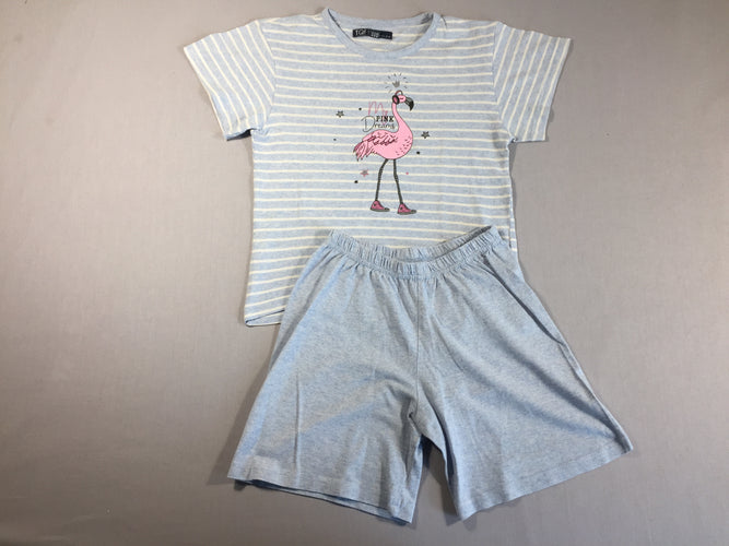 Pyjama jersey 2 pièces t-shirt m.c et short ligné bleu et blanc flamant rose, moins cher chez Petit Kiwi