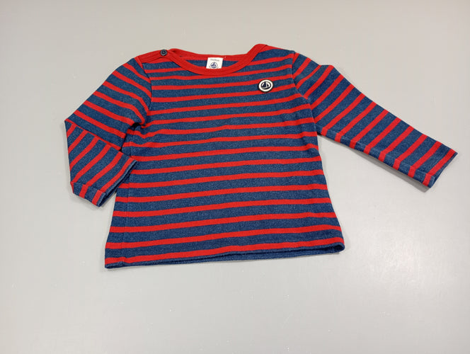 T-shirt m.l bleu marine rayé rouge , voilier, moins cher chez Petit Kiwi